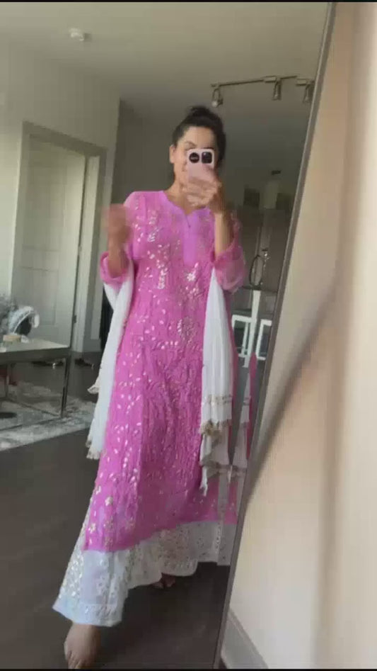 Pink Premium Quality Georgette Lucknow Chikankari Gota Patti Kurti Palazzo Latest Indian Salwar Suits (Inner Included)