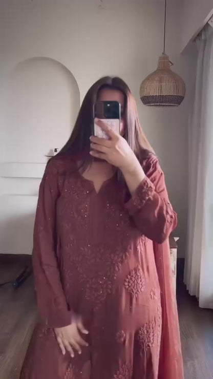 Elegant Dusty Rose Viscose Chikankari Kurti Set with 3D Handwork Inner included