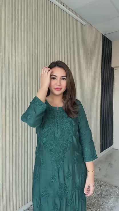 Green Lucknowi Chikankari Anchor Thread 3D Work Muslin Kurta & Palazzo Set