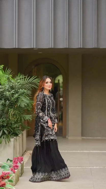 Black Designer Party Wear Heavy Faux Georgette Top, Palazzo Dupatta Set