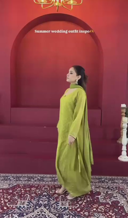 Green Lucknow Chikankari Viscose Jaal Handwork Mukaish 3 PC Set