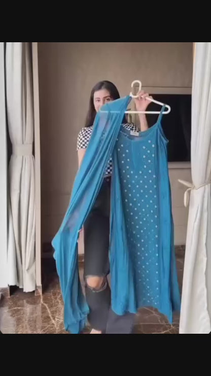 Midnight Aqua Luxe Viscose Ring Work Jaal Lucknow Chikankari Kurti Set