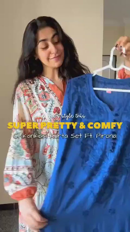 Royal Blue Cotton Chikankari Hand Work Kurta Pant Suits