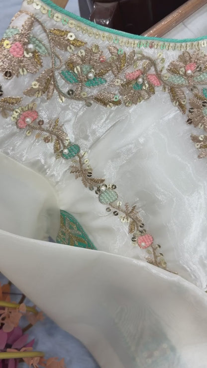 Ivory and Sea Green Designer Party Wear Silk Top, Palazzo & Dupatta Set with Heavy Embroidery