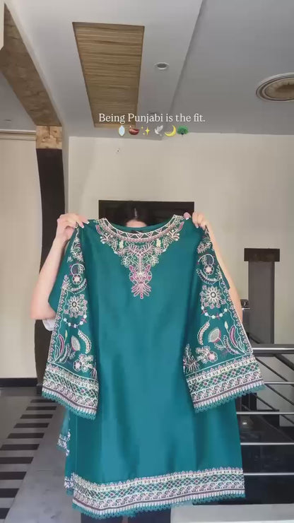 Teal Green Designer Georgette Top-Dhoti and Dupatta Set