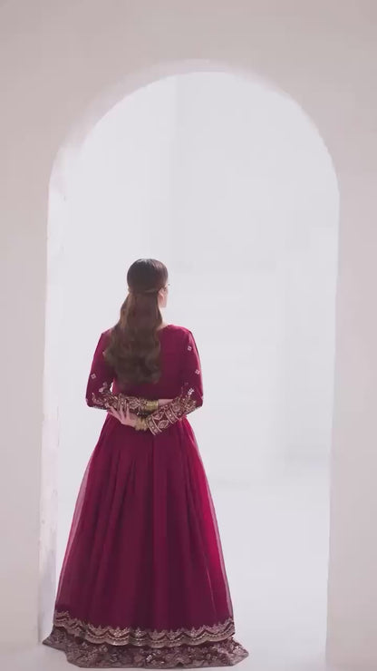 Maroon Designer Georgette Sequin Embroidered Gown with Dupatta (Double Layer Flair)