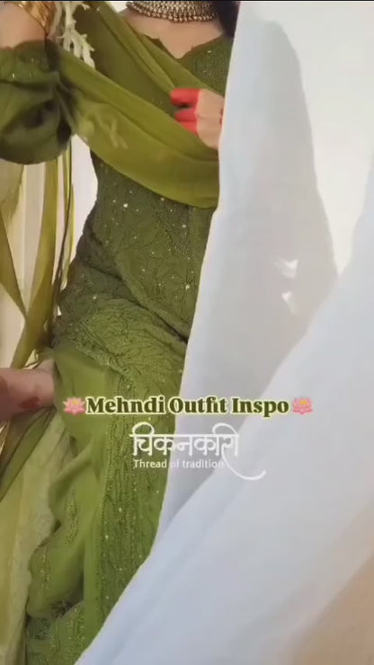 Green Lucknow Chikankari Viscose Jaal Handwork Mukaish 3 PC Set