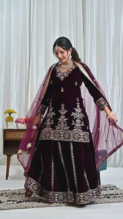 Wine Color Designer Party Wear Velvet Sharara Kameez with Dupatta