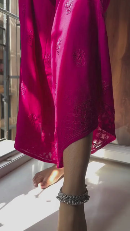 Deep Pink Elegant Viscose Lucknow Chikankari Handwork Ensemble (New)