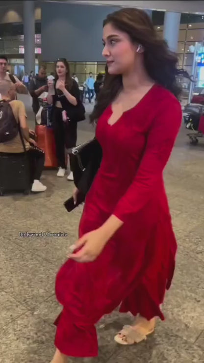 Red Plus Size Lucknow Chikankari Kurti Palazzo Set