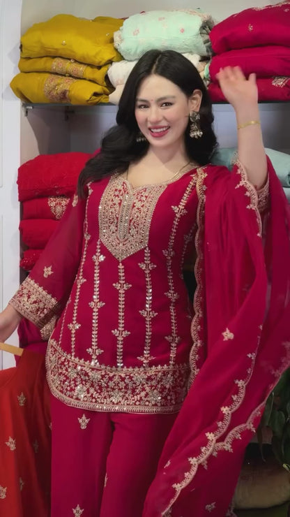 Red Designer Party Wear Faux Georgette Top, Palazzo & Dupatta Set