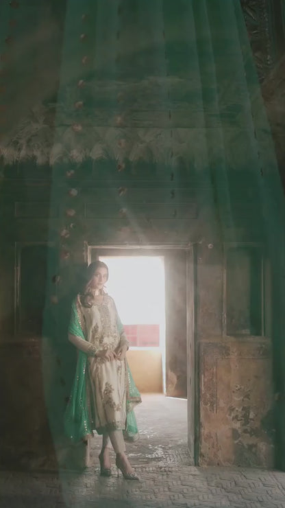 Ivory and Sea Green Designer Party Wear Silk Top, Palazzo & Dupatta Set with Heavy Embroidery