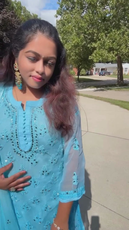 Aqua Blue Chikankari Elegance Ombré Mirror Booti Jaal Set - Kurti, Sharara & Dupatta