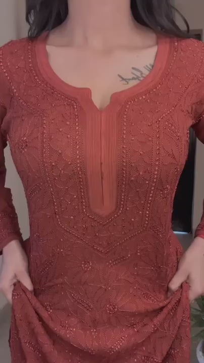 Brick Red Chikankari Resham Work Viscose 3-Piece Set