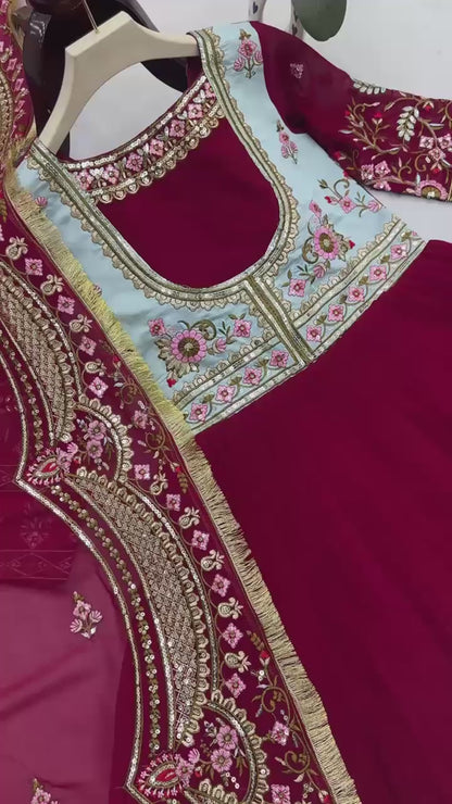Maroon Designer Georgette Sequin Embroidered Gown with Dupatta (Double Layer Flair)