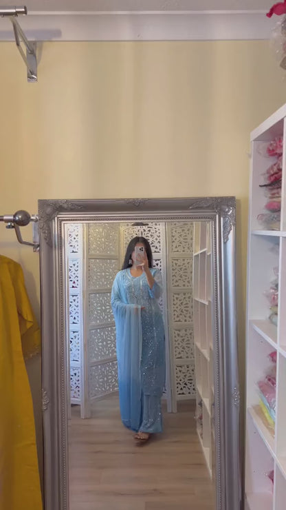 Blue Chikankari Elegance Ombré Mirror Booti Jaal Set - Kurti, Sharara & Dupatta