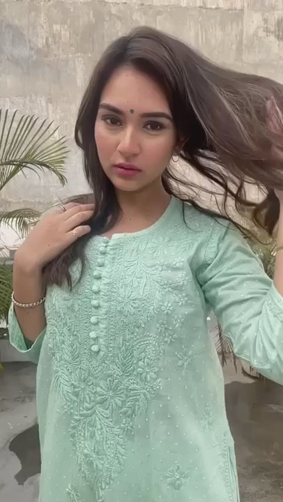 Pastel Green Graceful Cotton Chikankari Work Set: Kurti + Pant up to 6 XL ++ Sizes