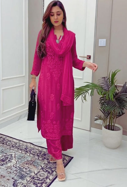 Deep Pink Ethereal Dyeable Modal Chikankari Kurta Set (New)