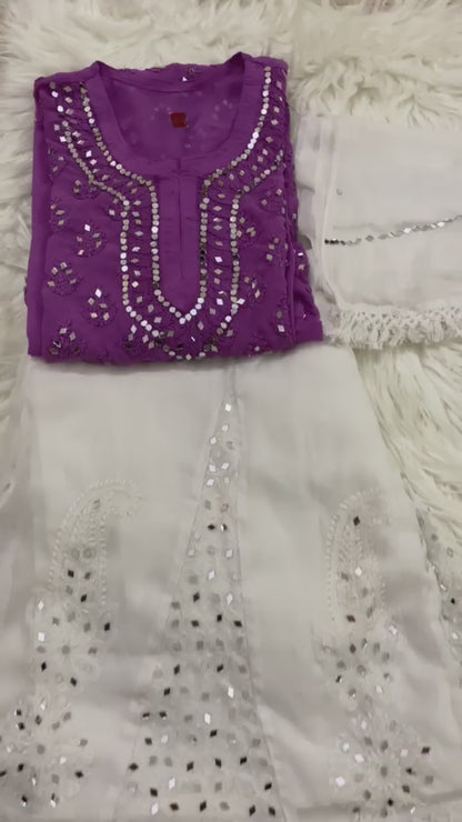 Purple White Chikankari Elegance Ombré Mirror Booti Jaal Set - Kurti, Sharara & Dupatta