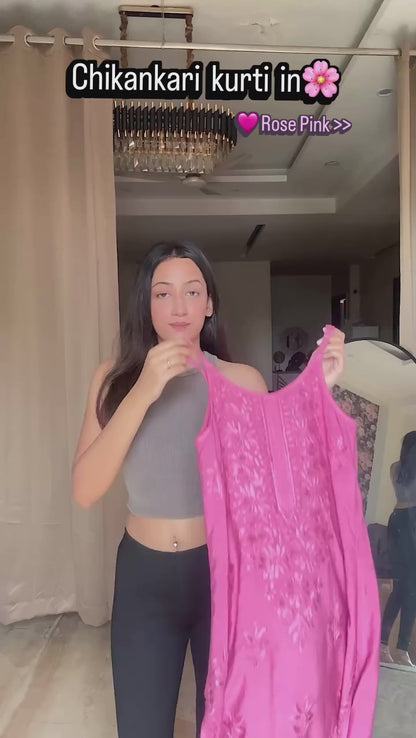 Pink Lucknowi Chikankari Rayon Noodle Strap Kurti Set