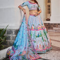 Elegant Light Blue Multi-Color Floral Silk Lehenga Choli with Handwork & Print – A Graceful Wedding & Festive Attire