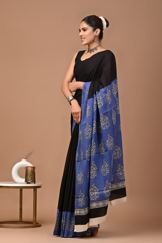 Black Purple Blue Ajrakh Cotton Mul Handblock Print Saree with Ready-to-Wear Blouse Set