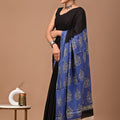 Black Purple Blue Ajrakh Cotton Mul Handblock Print Saree with Ready-to-Wear Blouse Set