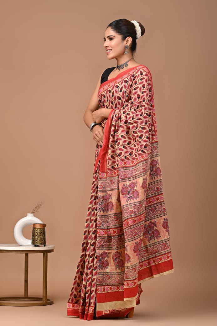 Maroon Leafy Ajrakh Cotton Mul Handblock Print Saree with Ready-to-Wear Blouse Set