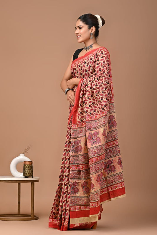 Maroon Leafy Ajrakh Cotton Mul Handblock Print Saree with Ready-to-Wear Blouse Set