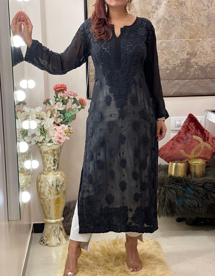 Pure Black Breezy Bliss Dyed Viscose Long Kurti - Inayakhan Shop 