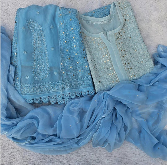 Pure viscose blue full jaal resham thread handwork and heavy mukaish kurta bottom dupatta set