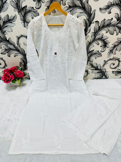 Pure White Chikankari Bliss Combo: Dyeable Pure Cotton Kurti & Palazzo Set - Inayakhan Shop 