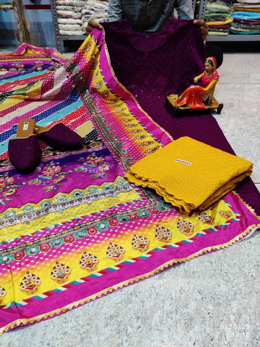 Purple & Yellow Elegant Chikankari Kurti, Palazzo, and Pakistani Dupatta Set - Inayakhan Shop 