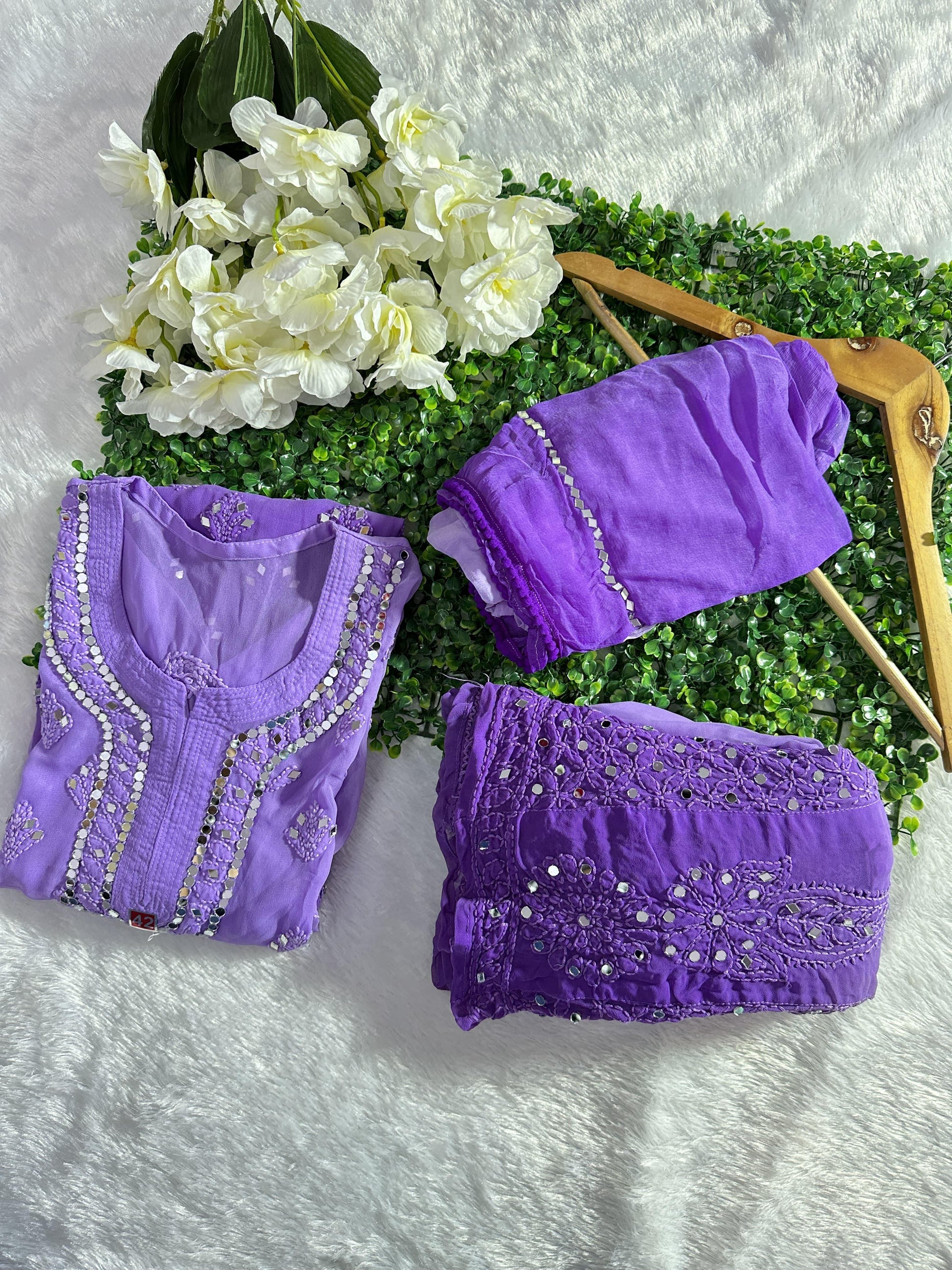 Purple Best Seller Georgette Mirror Gala Booti Chikankari Set with Beautiful Handwork Embroidery - Inayakhan Shop 