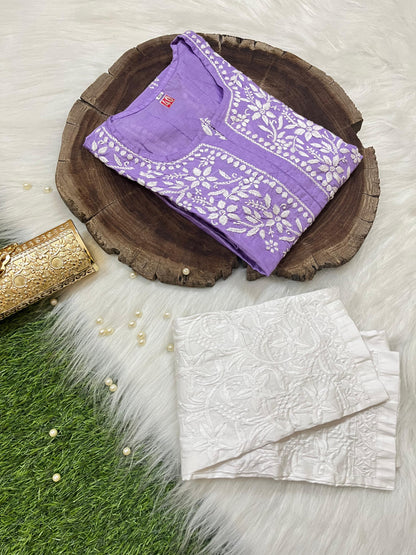 Purple Chanderi Silk Lucknow Chikankari Kurti Set - Inayakhan Shop 