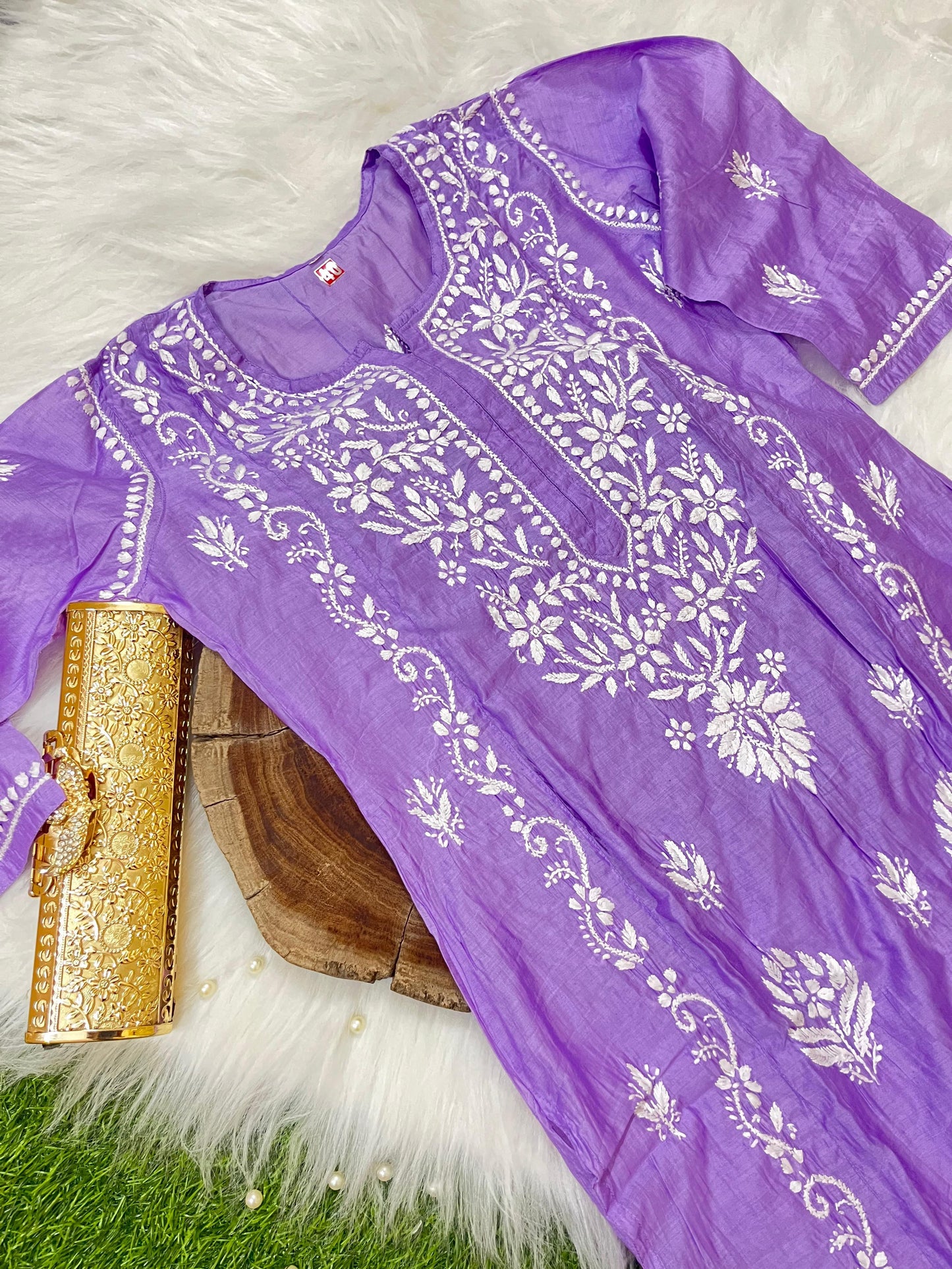 Purple Chanderi Silk Lucknow Chikankari Kurti Set - Inayakhan Shop 