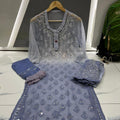 Dusty Blue Chikankari Elegance Ombré Mirror Booti Jaal Set - Kurti, Sharara & Dupatta