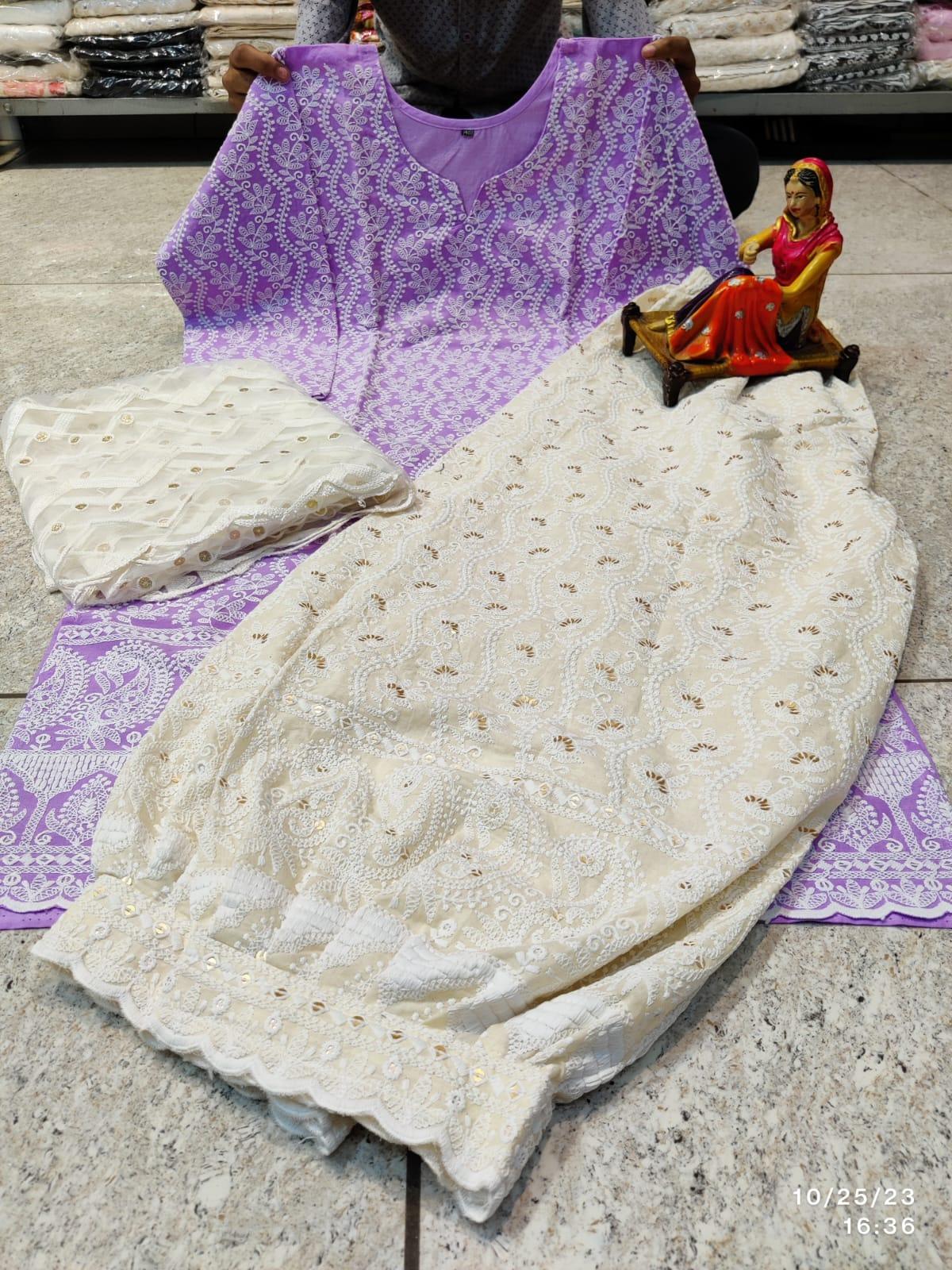 Purple Chikankari Ensemble: Chikan Kurti, Lucknawi Afghani Salwar, and Sequined Duppata Set - Inayakhan Shop 