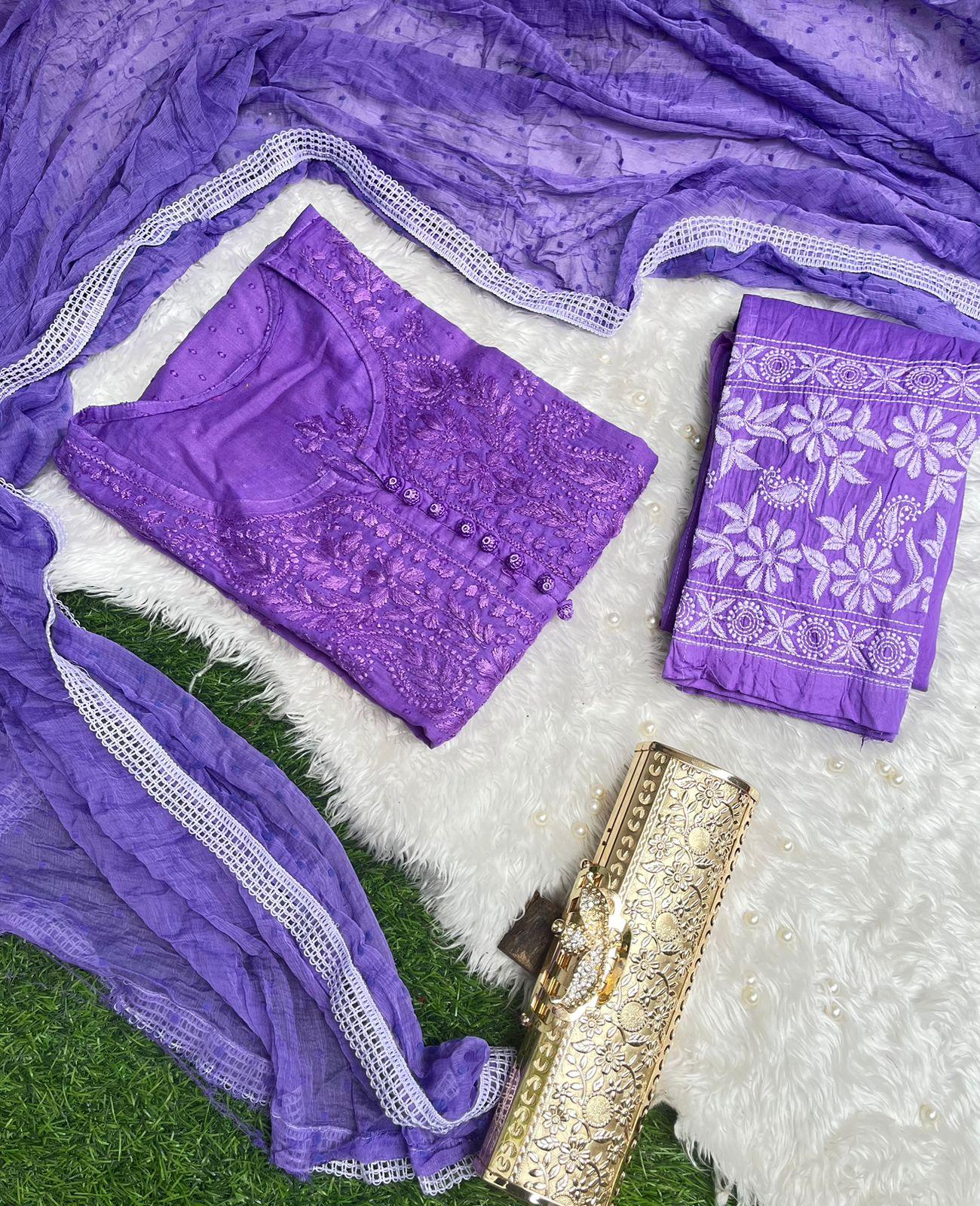 Purple Chikankari Handwork Cotton Dyeable Set , Dobby Bundi Dupatta from Lucknow - Inayakhan Shop 