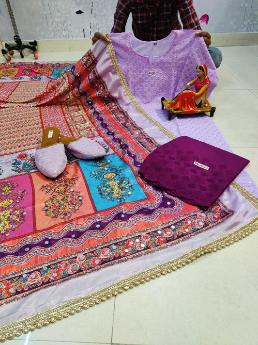 Purple Chikankari Kurta and Purple Pallazo With Jutti and Beautiful Multicolor Pakistani Mirror Dupatta - Inayakhan Shop 