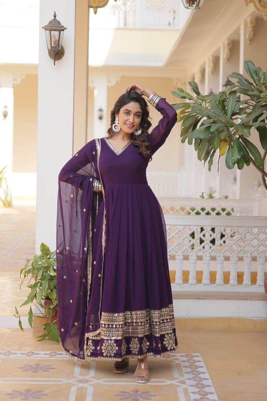 Purple Color Blooming Gown with Dupatta and Attractive Embroidered Sequins Work - Inayakhan Shop 