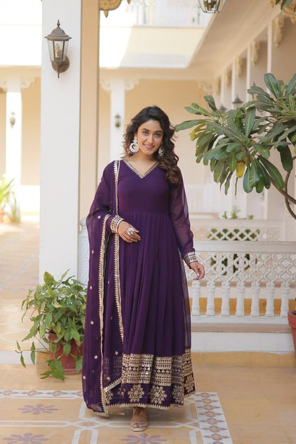 Purple Color Blooming Gown with Dupatta and Attractive Embroidered Sequins Work - Inayakhan Shop 