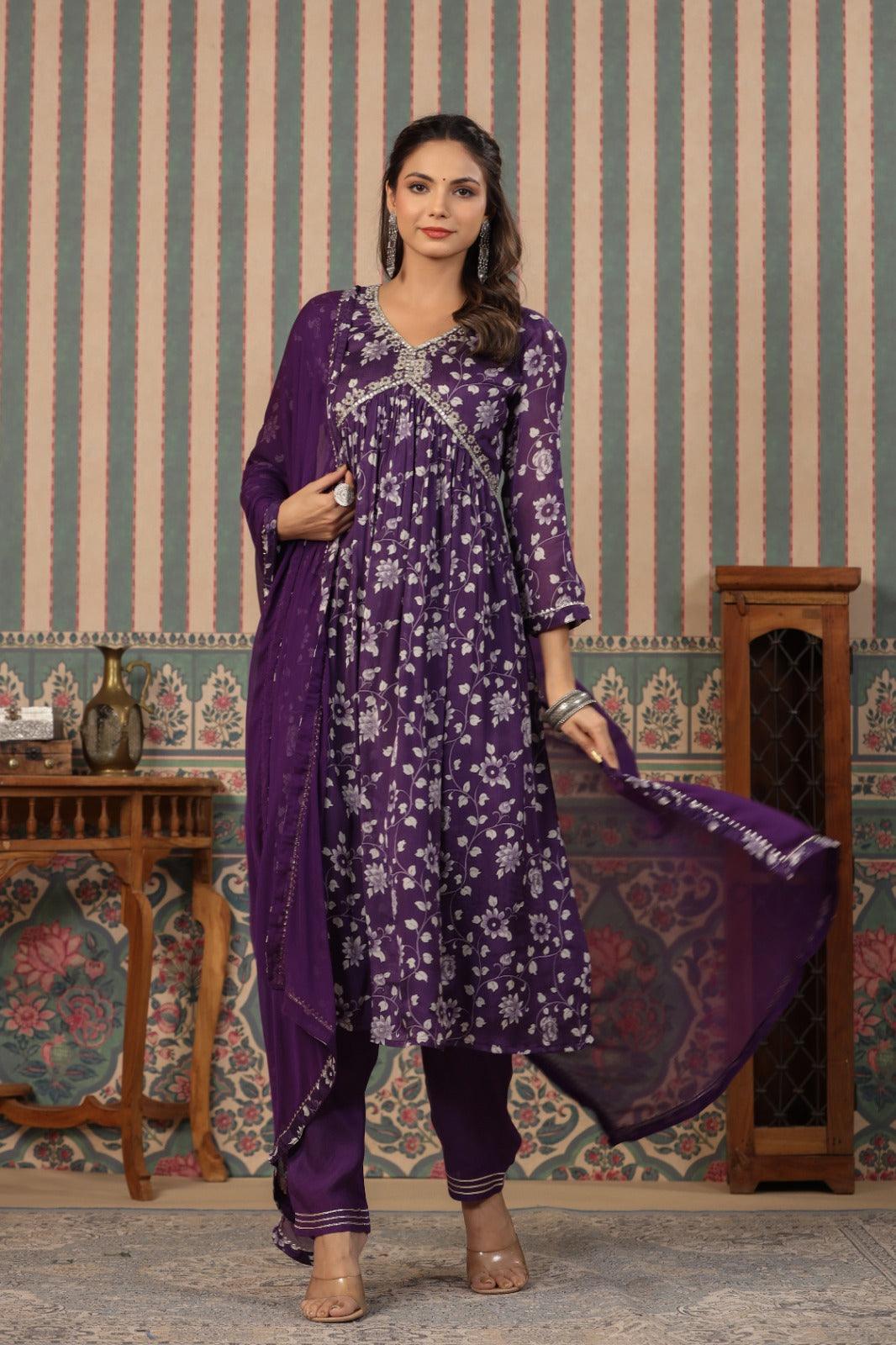 Purple Color Elegant Chinnon fabric with beautiful Aliya cut in Naira kurti paired With Pant and Chiffon Dupatta - Inayakhan Shop 