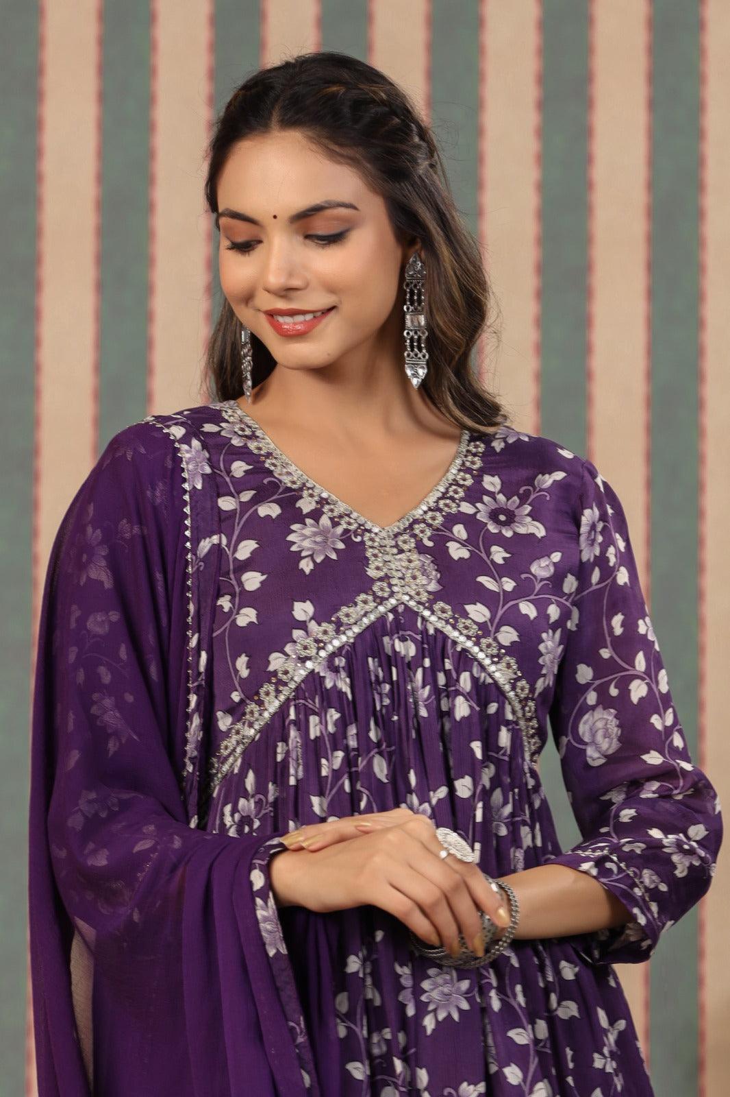 Purple Color Elegant Chinnon fabric with beautiful Aliya cut in Naira kurti paired With Pant and Chiffon Dupatta - Inayakhan Shop 