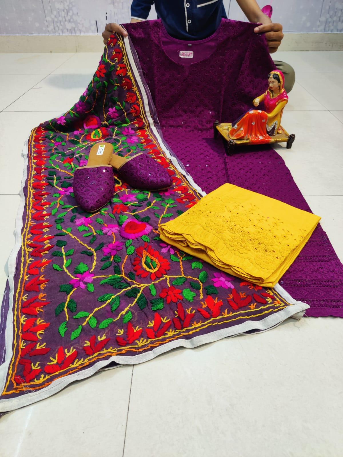Purple Cotton Phulkari Suit with Beautiful Chikan & Sequins Embroidery Work Shopping Online - Inayakhan Shop 