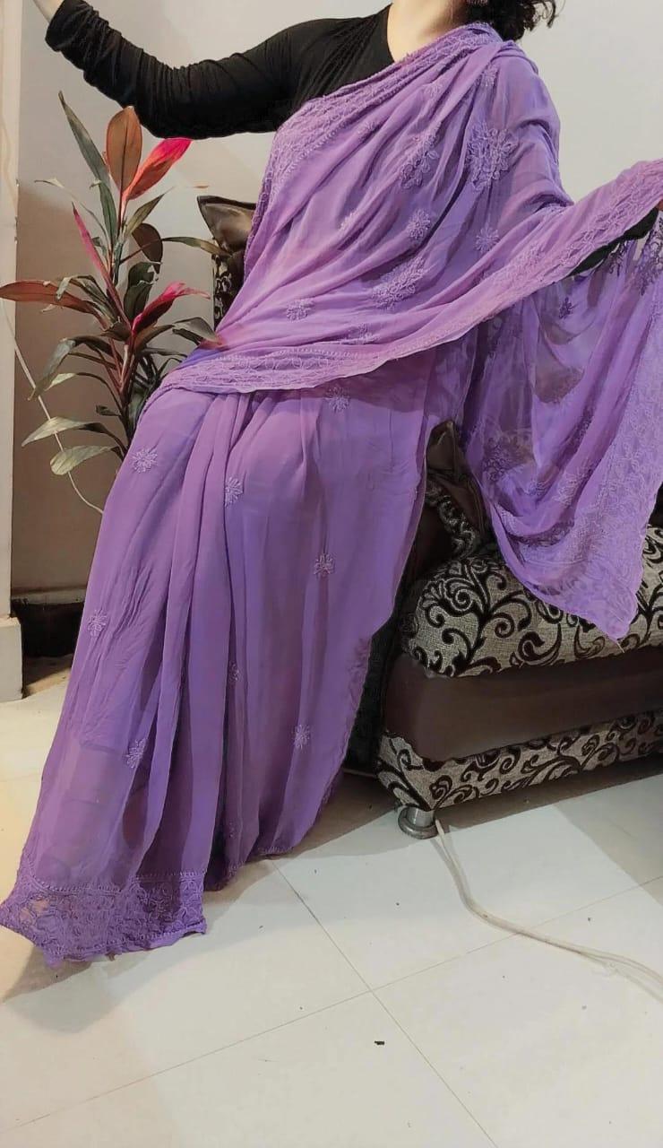 Purple Elegant Chikankari Georgette Saree with Black Blouse Perfect for Bridesmaids - Inayakhan Shop 