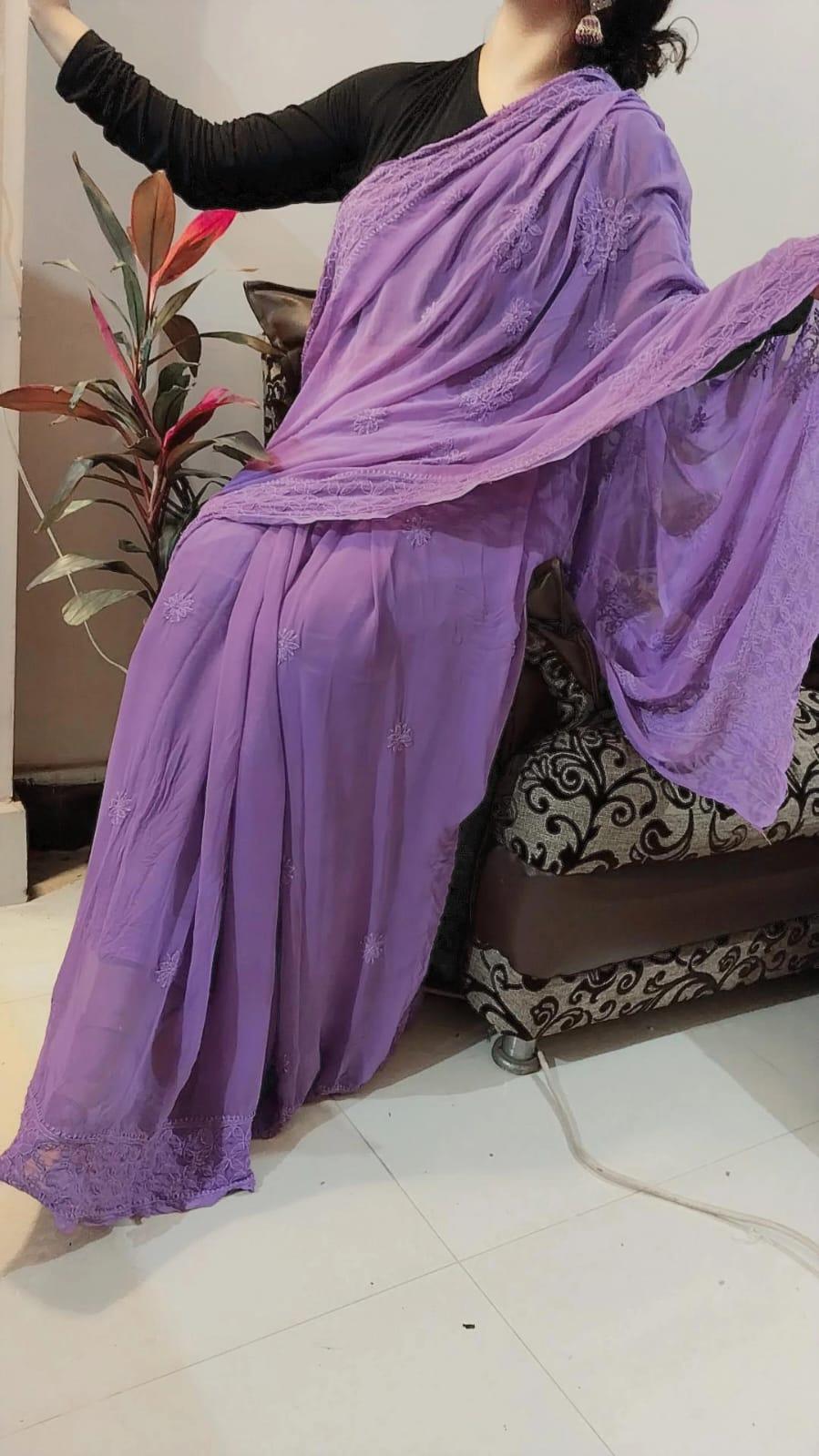 Purple Elegant Chikankari Georgette Saree with Black Blouse Perfect for Bridesmaids - Inayakhan Shop 