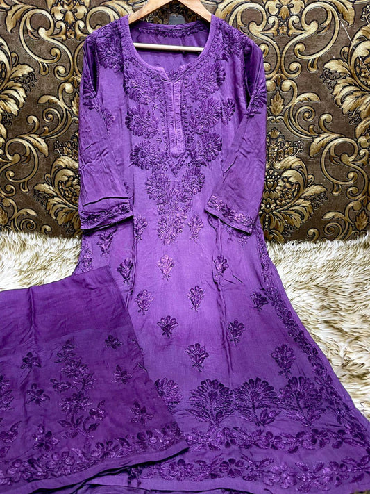 Purple Elegant Euphoria: Luxe Lucknowi Chikankari Modal Palazzo Set - Inayakhan Shop 
