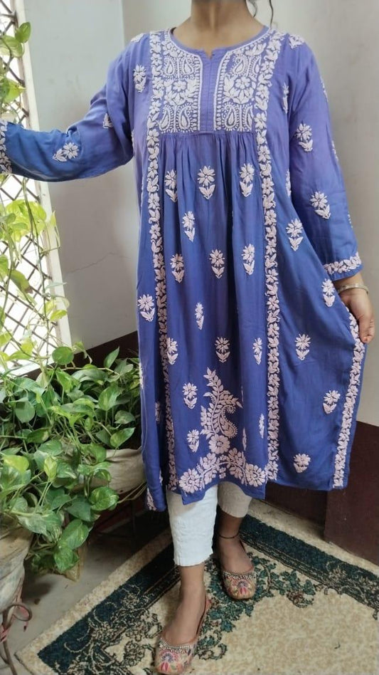 Purple Exclusive Chikankari Work Rayon Naira Cut Kurti and Pant Set - Inayakhan Shop 