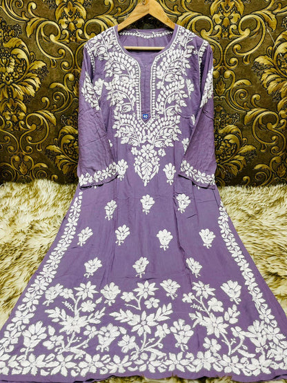 Purple Exquisite Lucknowi Chikankari Modal Kurti with White Rayon Palazzo - Inayakhan Shop 